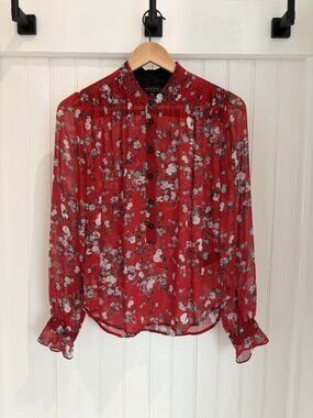 Rag & Bone Susan Blouse Red Floral 100% Silk Sheer Long Sleeve XS